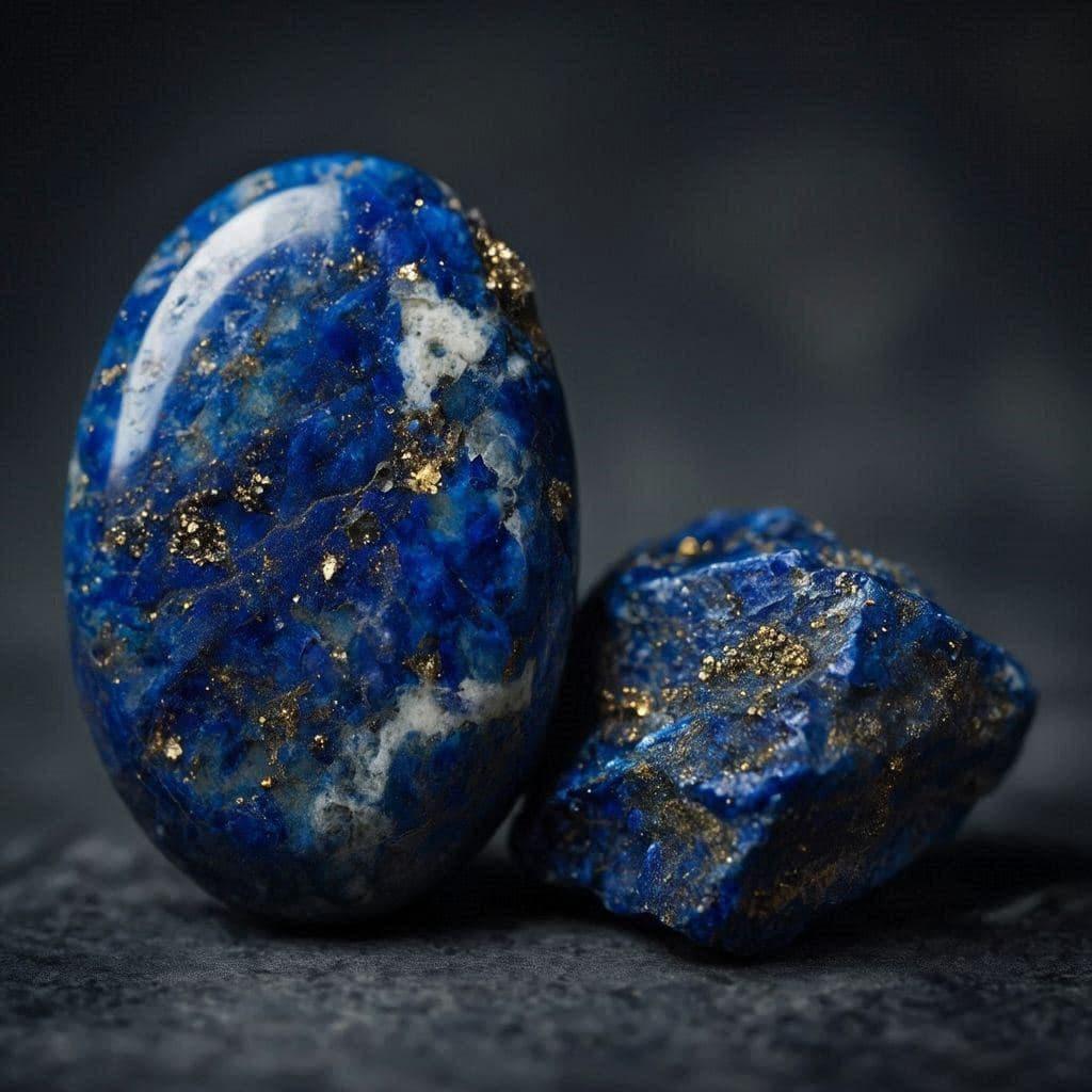 Pierre de lapis lazuli bleu profond polie et pierre brute aux inclusions dorees et blanches symbole de sagesse et de verite interieure