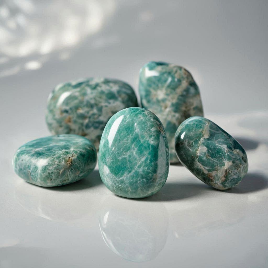 Pierres d amazonite turquoise verte polies aux marbrures blanches symboles de paix interieure communication douce et protection emotionnelle