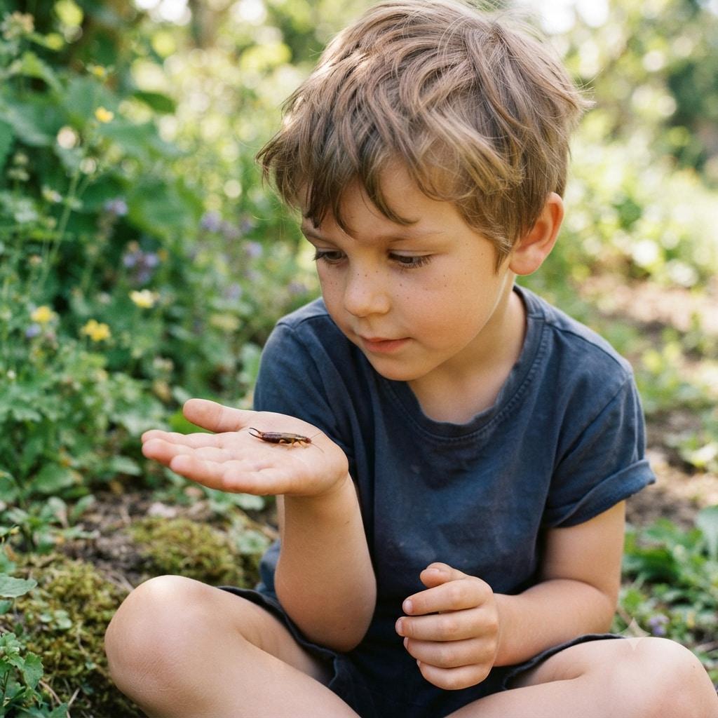 Enfant observant un petit insecte dans la nature, scène douce en extérieur avec fleurs et verdure, moment de curiosité et de connexion au monde vivant