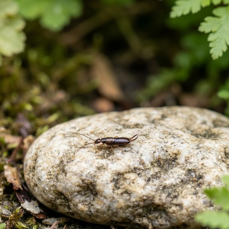 Pince oreille brun en macro pose sur une pierre claire details des pinces et du corps insecte du jardin symbole de protection discrete et de transformation silencieuse