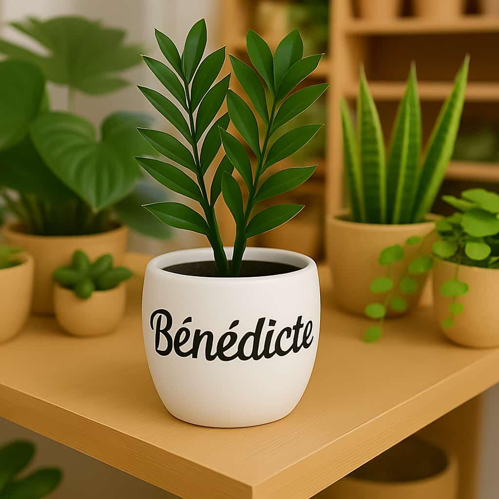 Plante avec cache pot personnalise avec le prenom benedicte