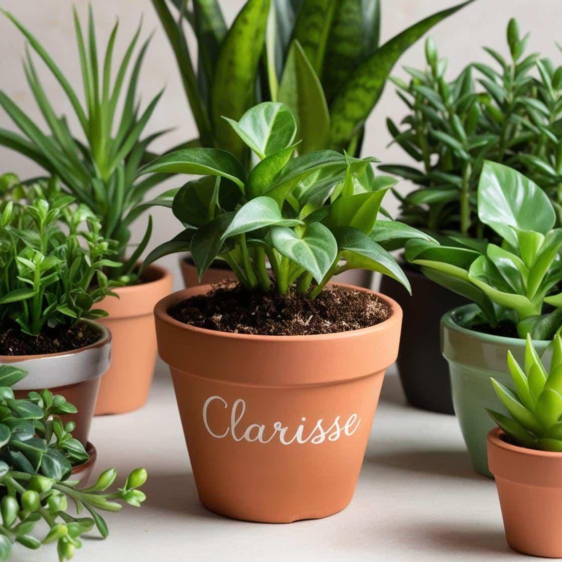 Plante avec un pot personnalise en terre cuite avec le prenom clarisse avec d autres plantes autour pour un cadeau enfant 1