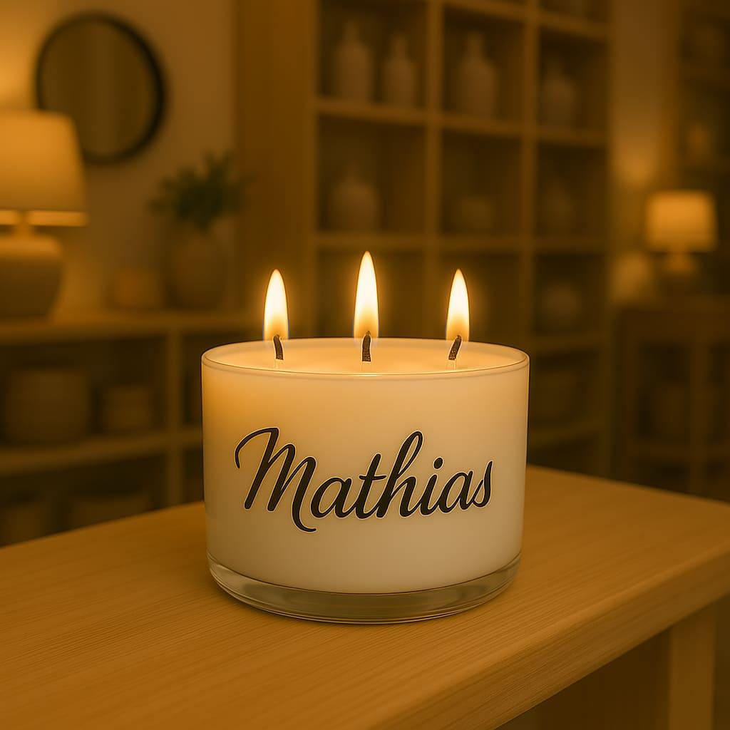 bougie personnalisée a 3 meches avec le prenom mathias
