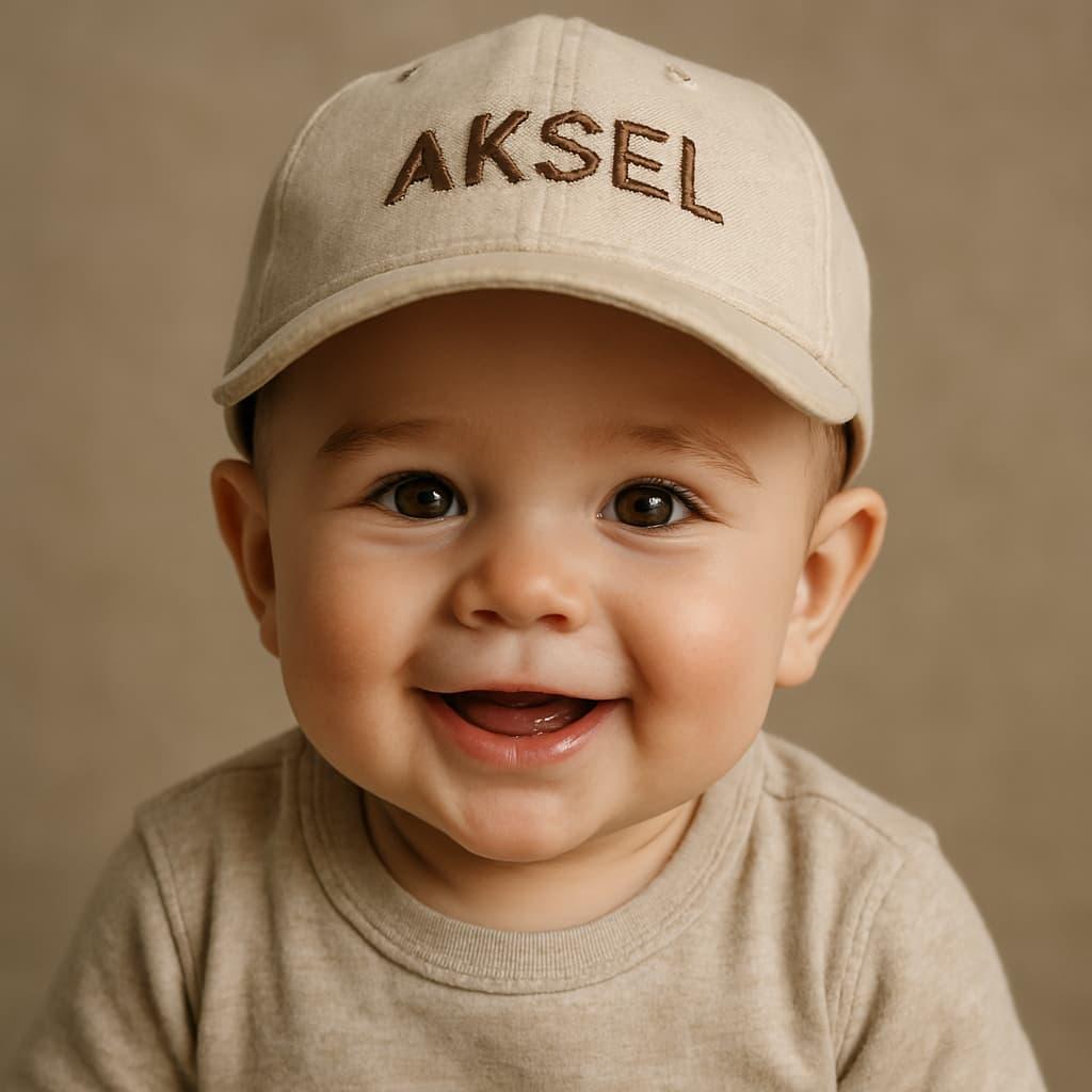 Portrait d un petit bebe garcon avec sa casquette personnalisee prenom aksel