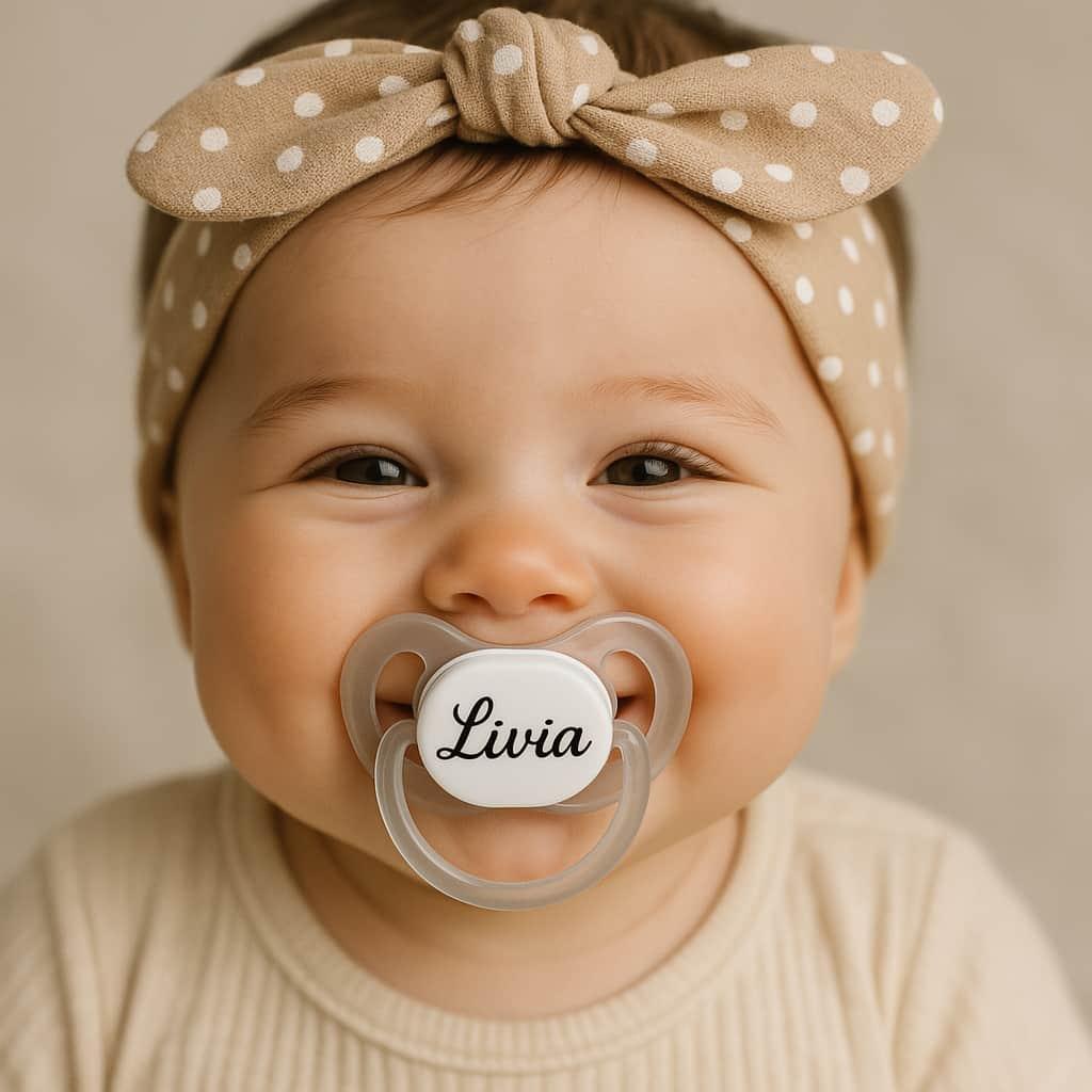 Portrait d une petite fille qui porte le prenom livia souriante avec sa tetine personnalisee livia