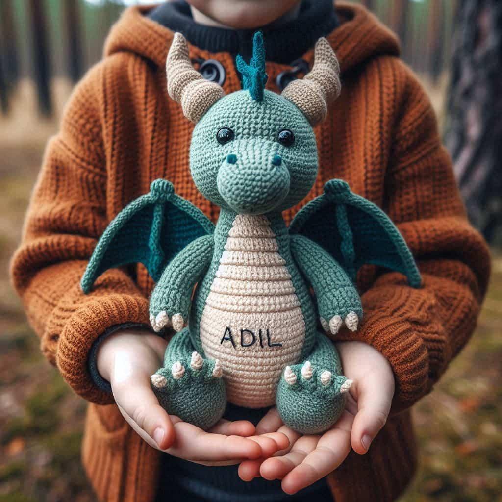 Prenom adil ecrit sur une peluche dragon au crochet personnalisee