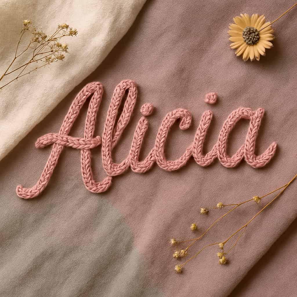 Prenom alicia realise en tricotin couleur rose
