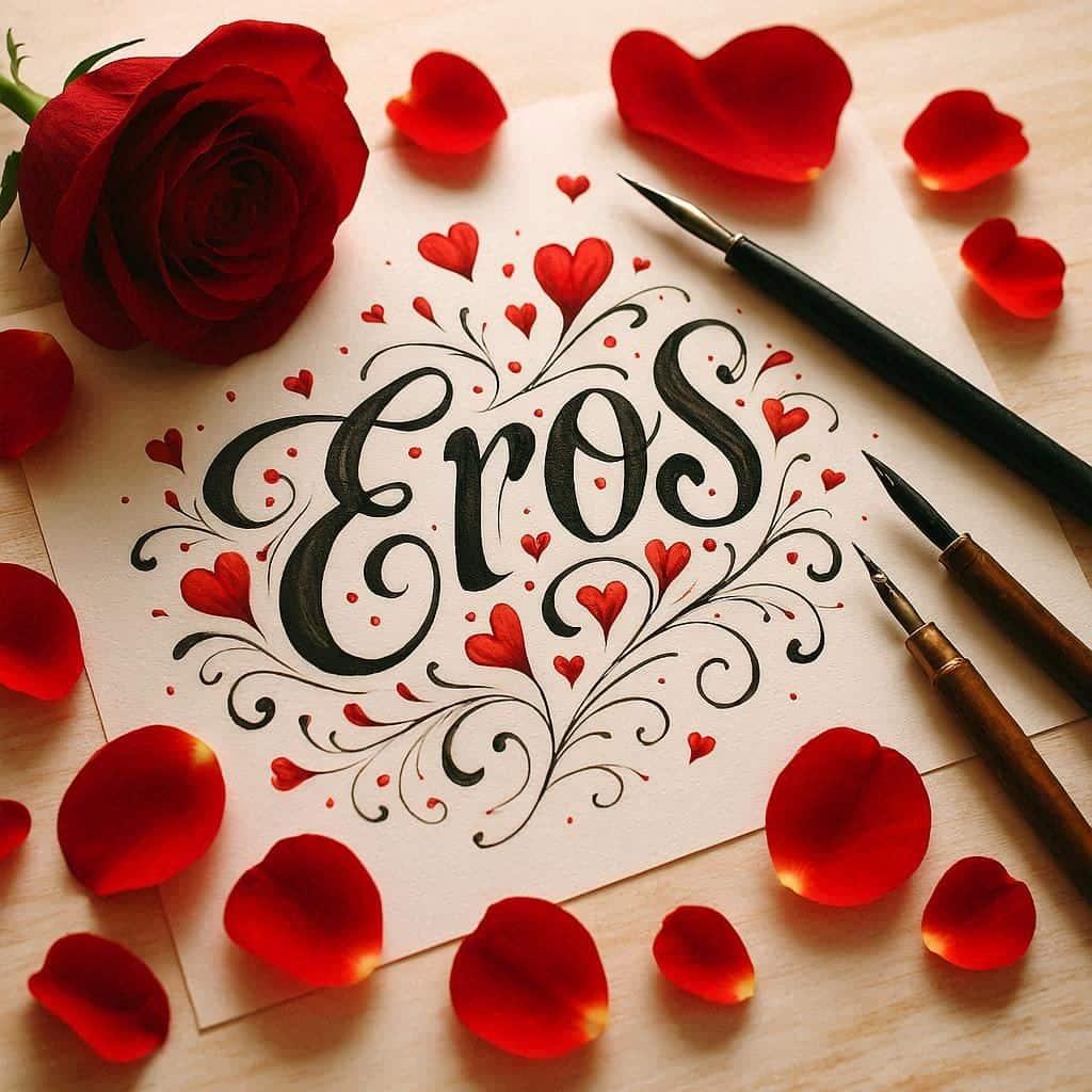 Le prenom Eros ecrit en calligraphie sur un papier avec des c urs rouges et des petales de rose