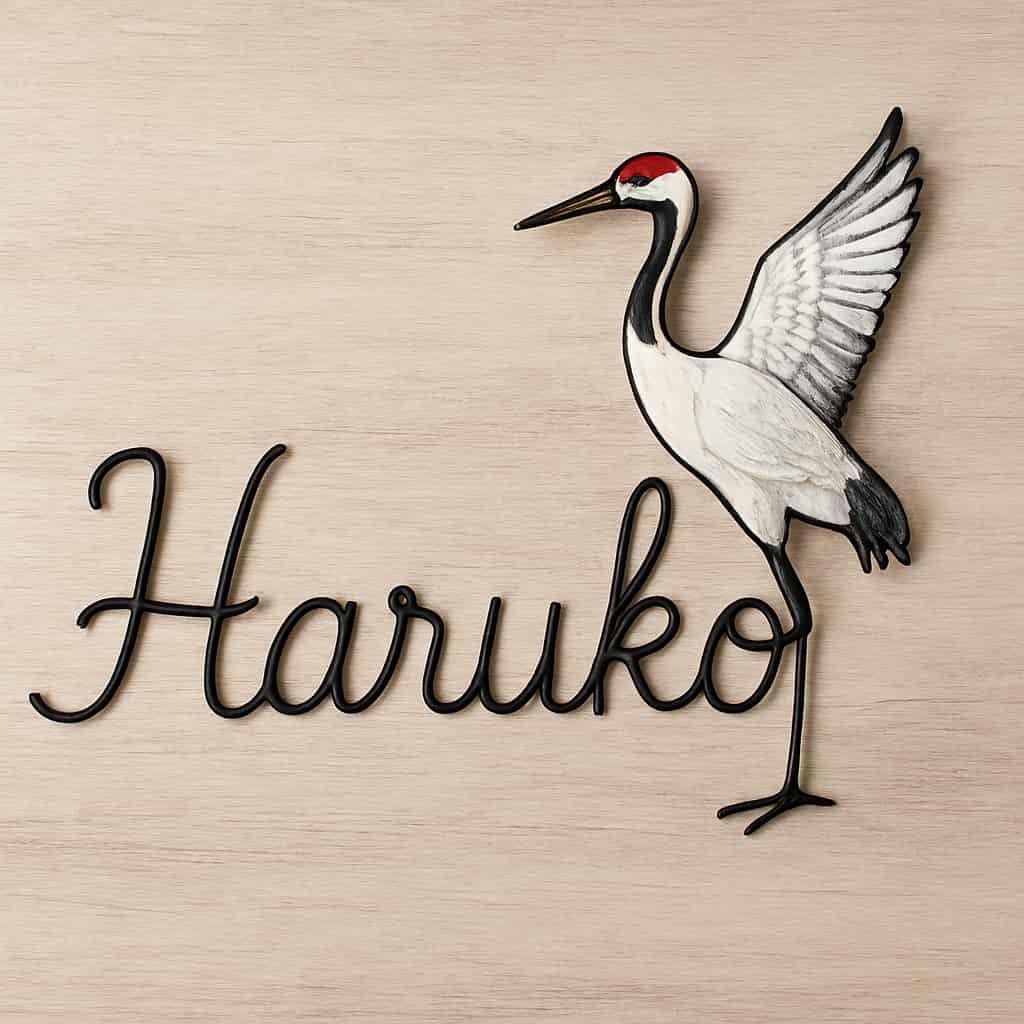 Prenom haruko realise en fil de fer noir avec grue japonaise