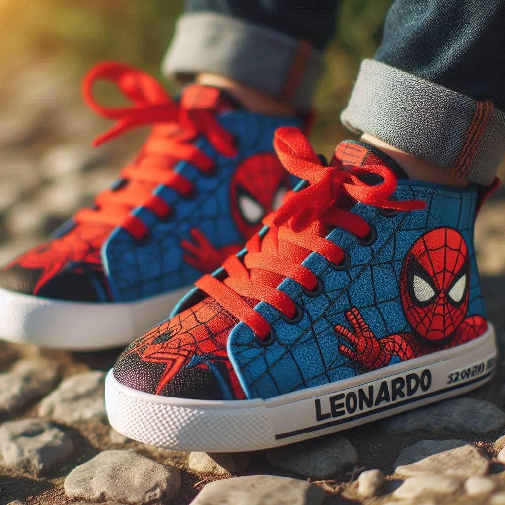 Prenom leonardo sur des chaussures de petit garcon theme spiderman