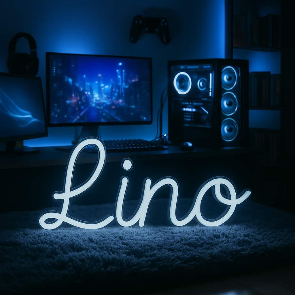 Prenom lino ecrit en neon bleu dans une chambre de gamer