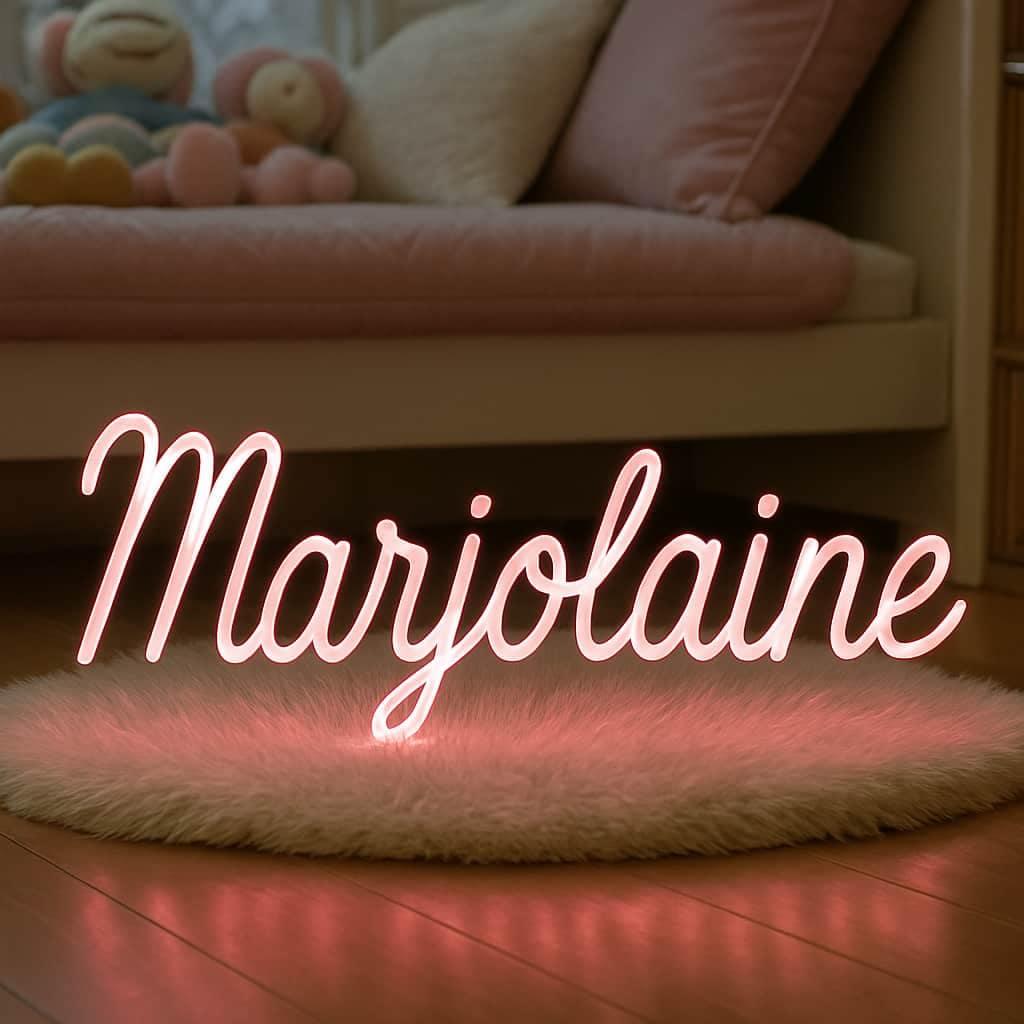 Prenom marjolaine ecrit en neon rose decoration murale pour chambre