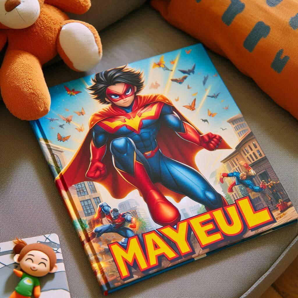 Prenom mayeul ecrit sur un livre de super heros pour enfant
