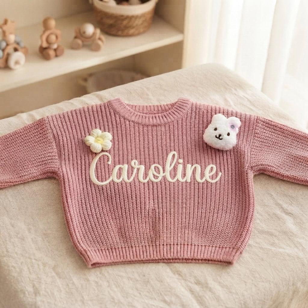 Pull bébé rose tricoté avec prénom Caroline brodé en blanc, décoré d’une fleur et d’un petit ours dans une ambiance douce de chambre enfant