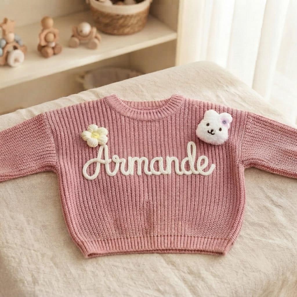 Pull brodé vieux rose avec le prénom Armande