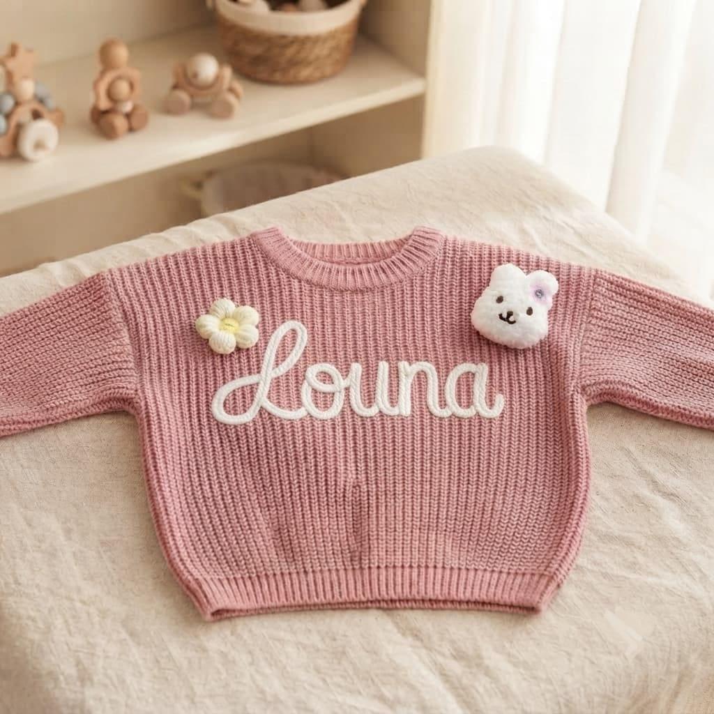 Pull brode avec le prenom louna broderie en 3d artisanale 1