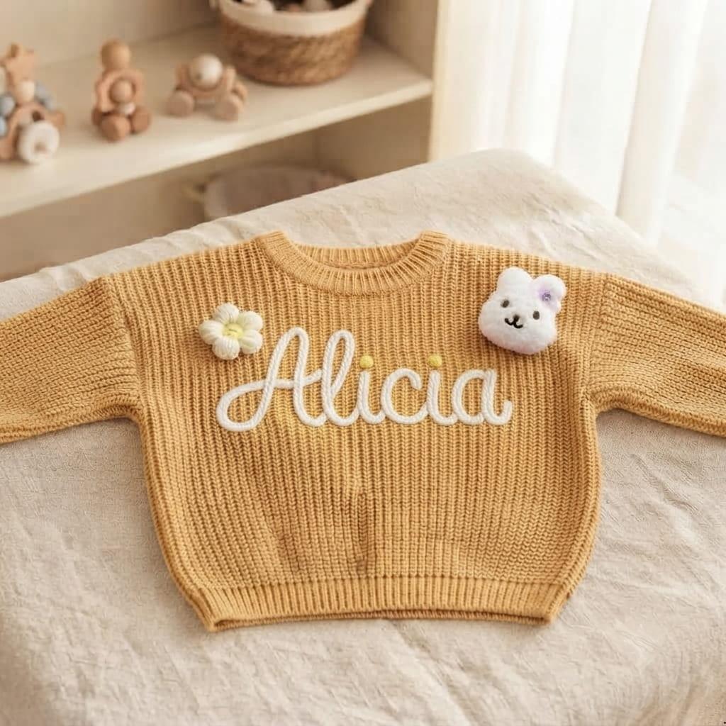 Pull orange brodé au prénom Alicia, broderie artisanale en relief