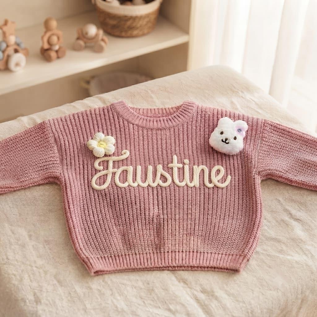 Pull rose brodé prénom Faustine avec fleur tricotée et petit ours