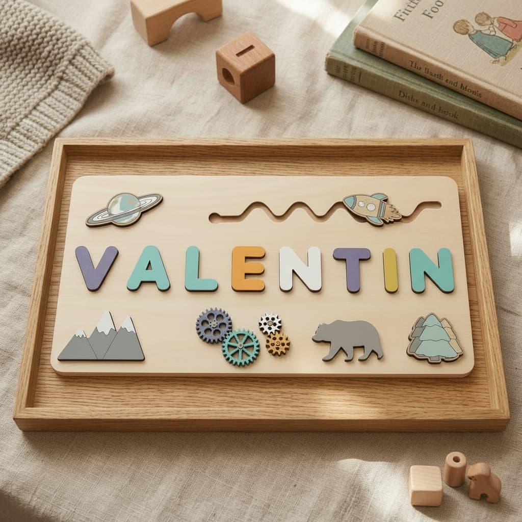 Puzzle casse tete personnalise avec le prenom valentin idee cadeau en bois ludique pour apprendre son prenom