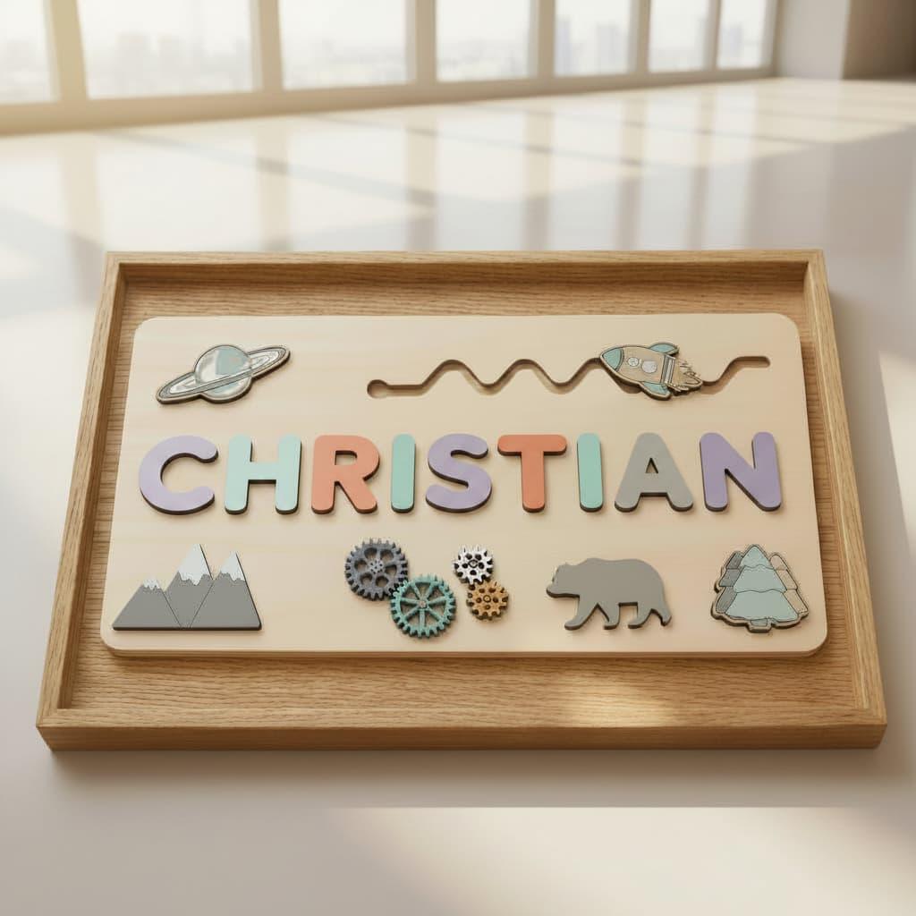 Puzzle en bois Montessori personnalisé au prénom Christian avec motifs éducatifs