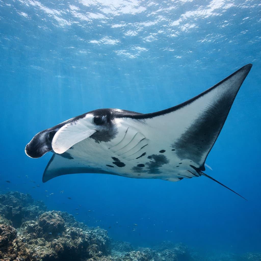Raie manta nageant au dessus d un recif corallien dans une eau turquoise symbole de lumiere et de sagesse oceanique