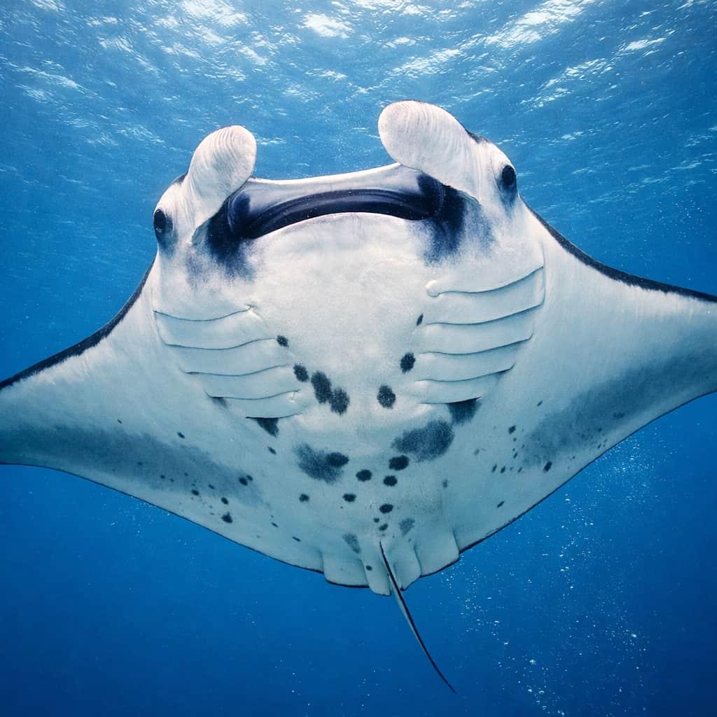 Raie manta vue d en dessous nageant dans l ocean bleu symbole de grace et de fluidite