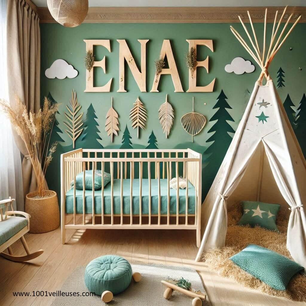 Realistic baby girls room decoration name enae forest theme sea green color with wooden decorations savanna tipi bed 1