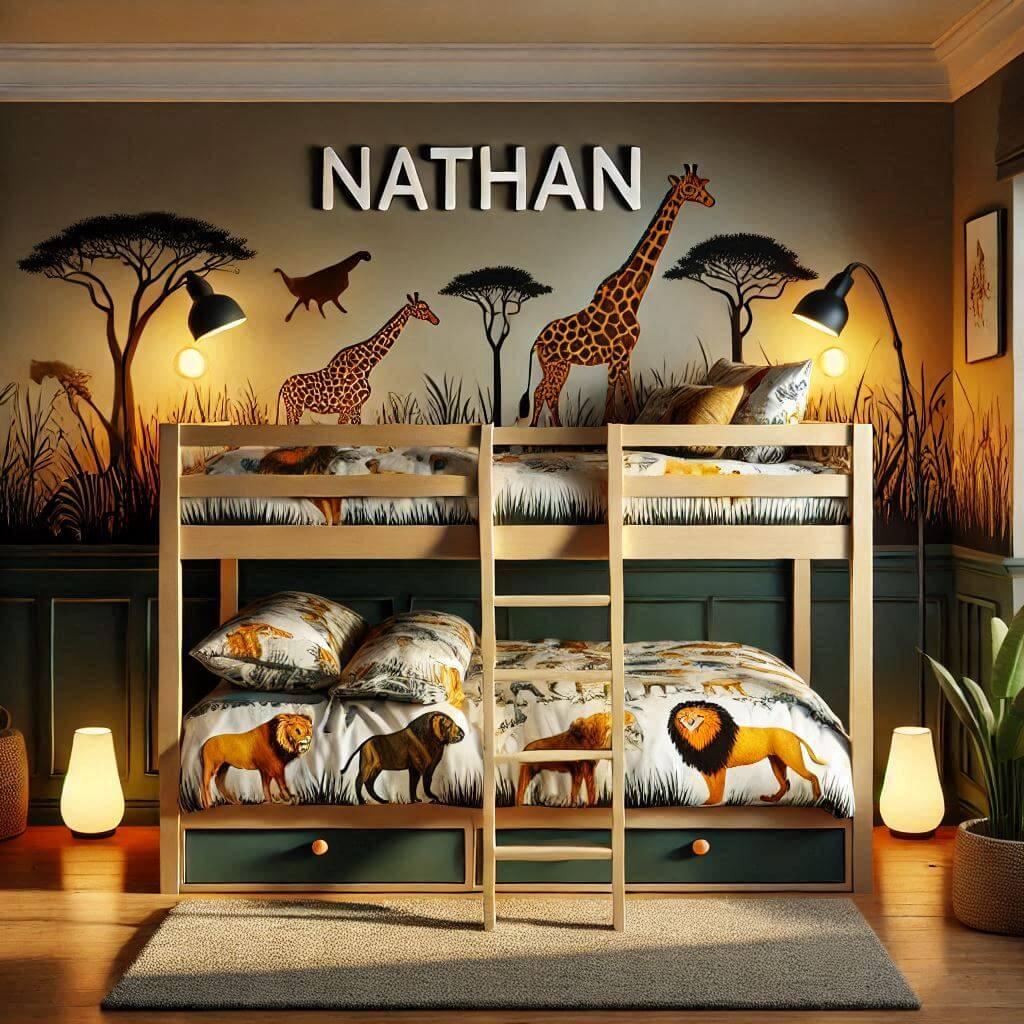 Belle chambre de petit garcon theme savane avec le prenom nathan