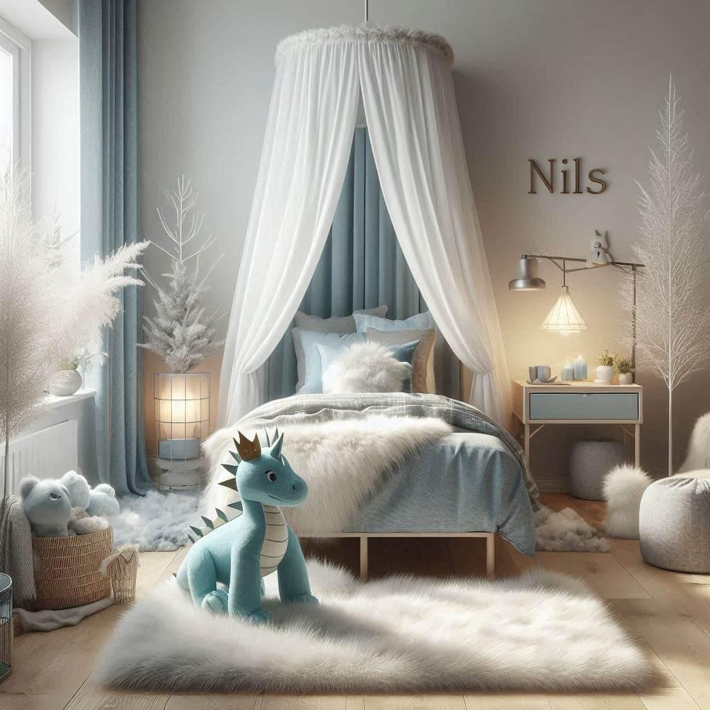 Chambre de garçon inspirée de l’hiver avec lit simple à baldaquin, coussins au sol, tapis en fourrure, peluche dragon pastel bleu avec couronne d’hiver et prénom Nils