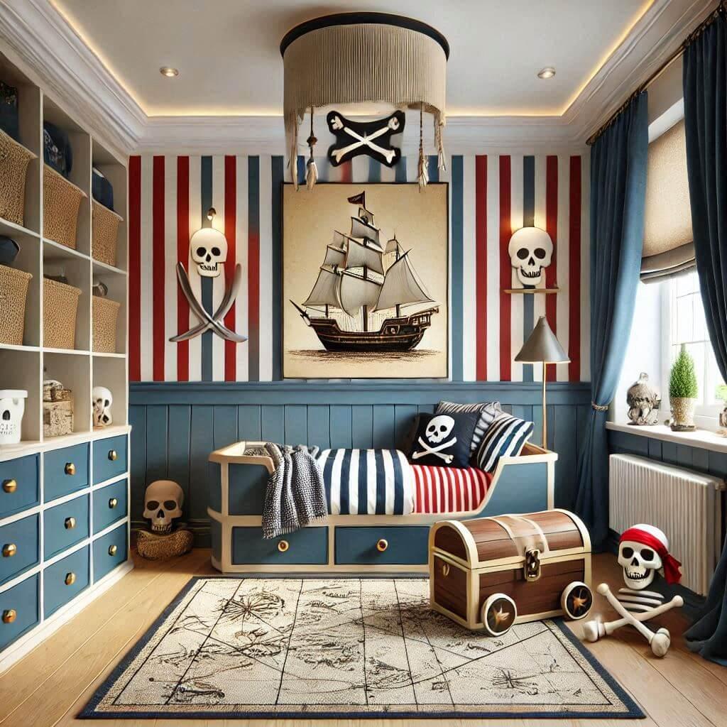 Chambre d'enfant pirate avec lit bateau, coffre au trésor, étagères en voile, rideaux rayés et coussins crâne.