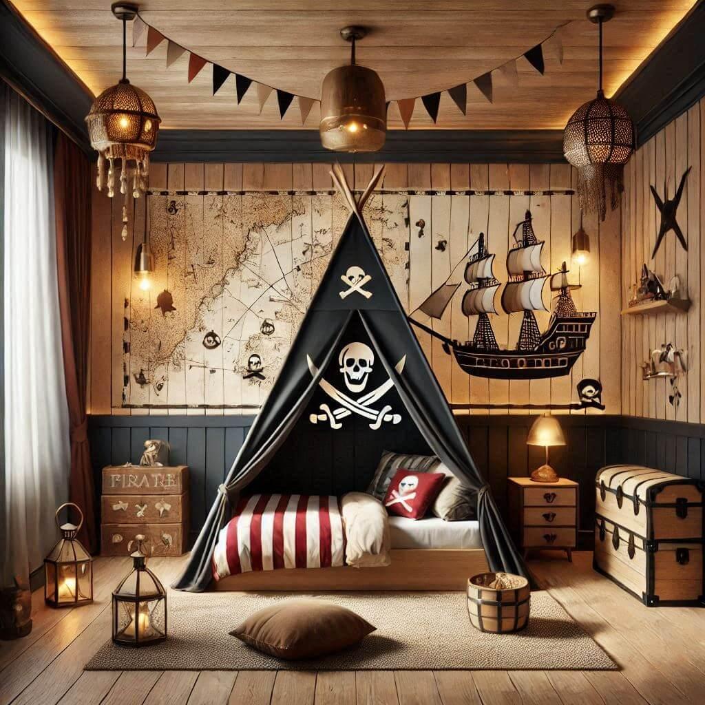 Chambre d'enfant sur le thème pirate avec tipi, palette de couleurs bois, rouge, noir et doré, murs décorés d'une carte au trésor.