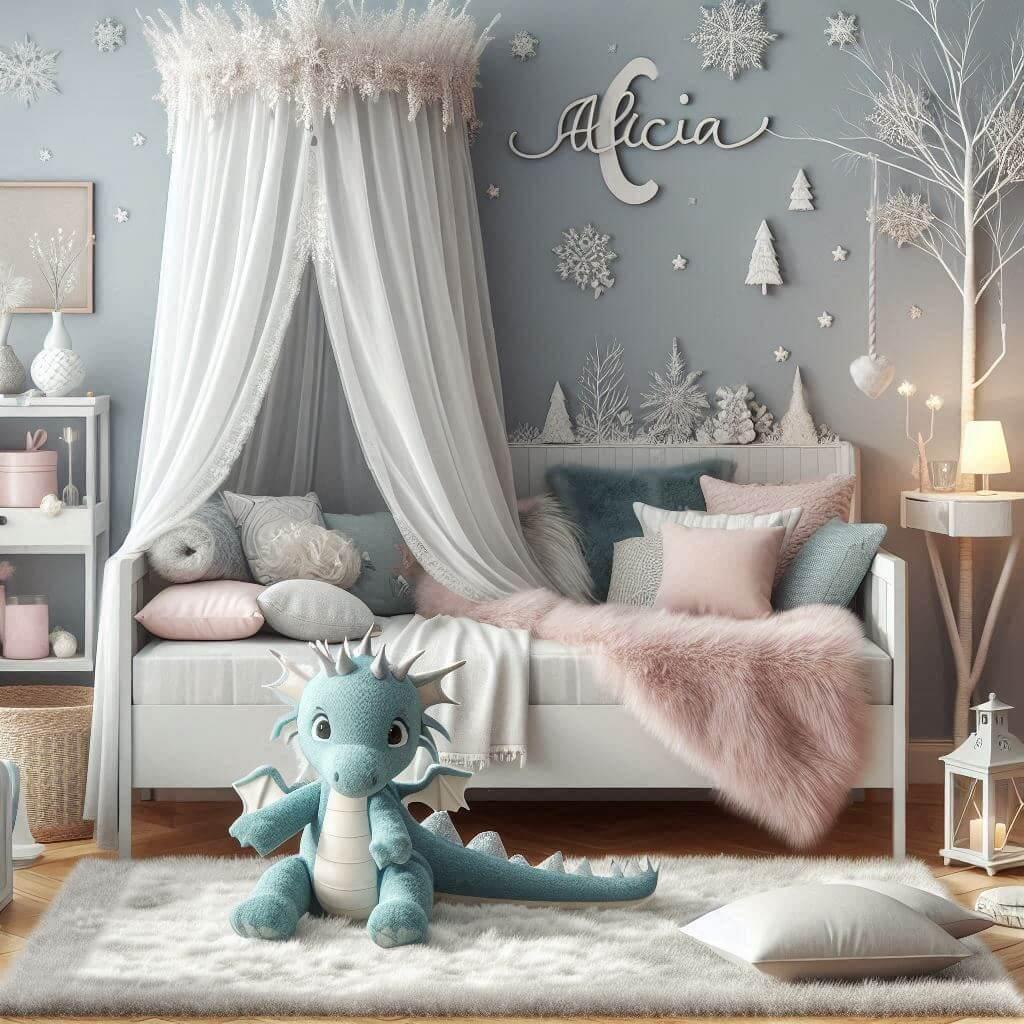 Chambre fille hiver avec lit simple, ciel de lit, coussins, tapis en fourrure, peluche dragon bleu pastel, prénom Alicia dans un jardin hivernal.