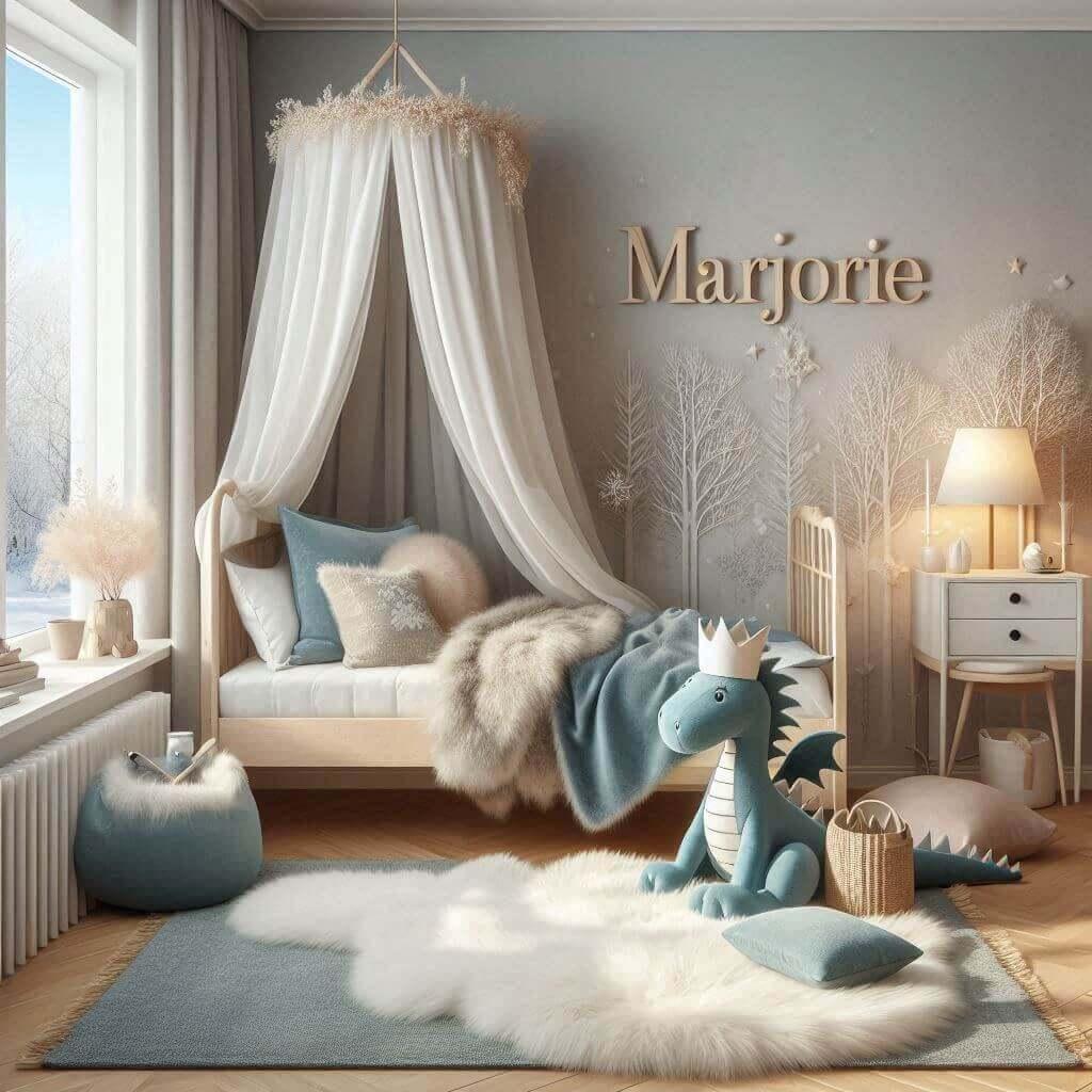 magnifique decoration de chambre pour petite fille, personnalisée avec le prenom marjorie, couleurs pastels