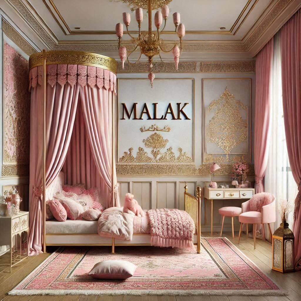 jolie chambre de petite fille avec le prenom malak, theme princesse orientale, couleur rose poudré et or