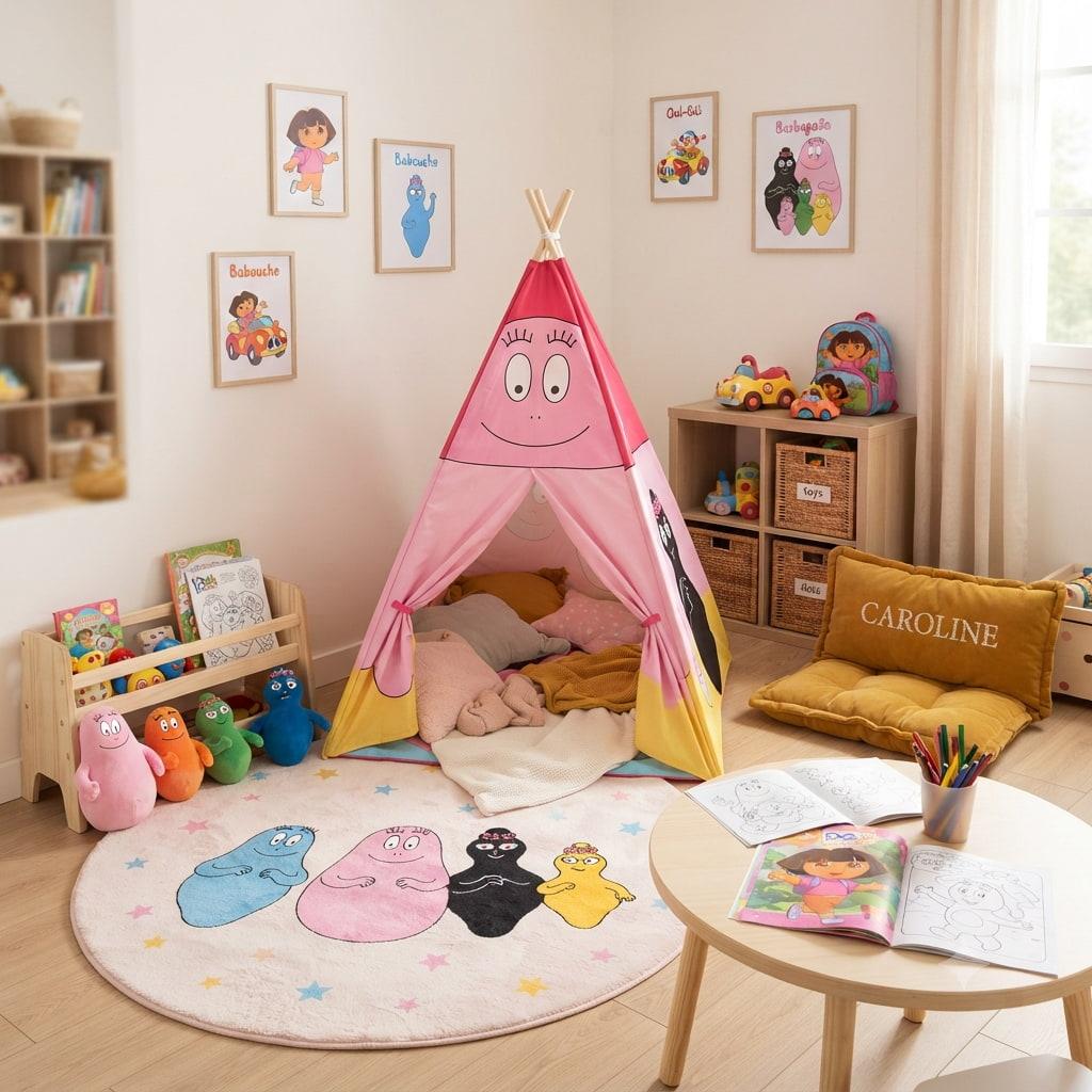 Salle de jeux enfant coloree avec tipi rose et jaune tapis pastel illustre etageres remplies de livres et jouets coussin brode caroline sur pouf jaune decorations murales babouche