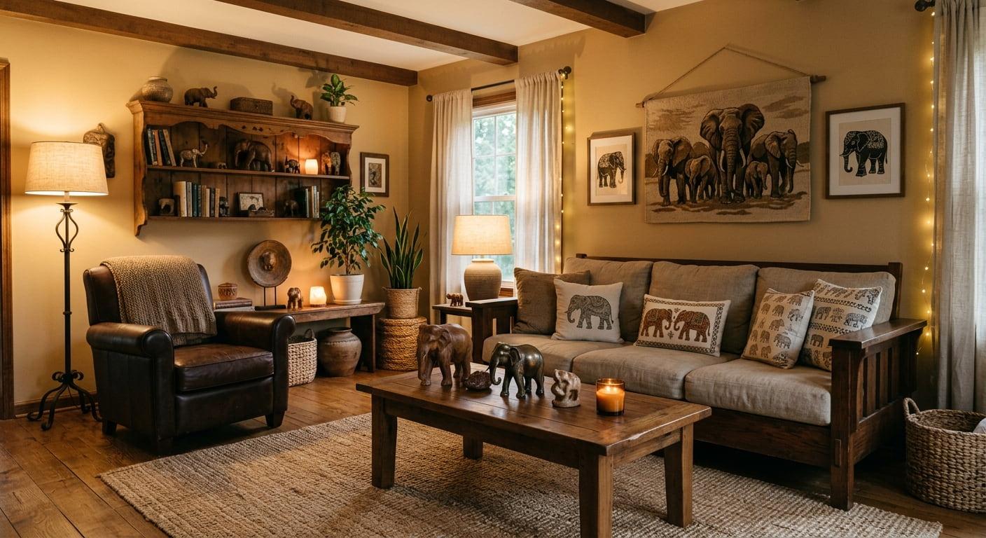 Salon chaleureux au style naturel et cocooning decore de statuettes d elephants avec canape en lin table basse en bois massif et lumiere douce