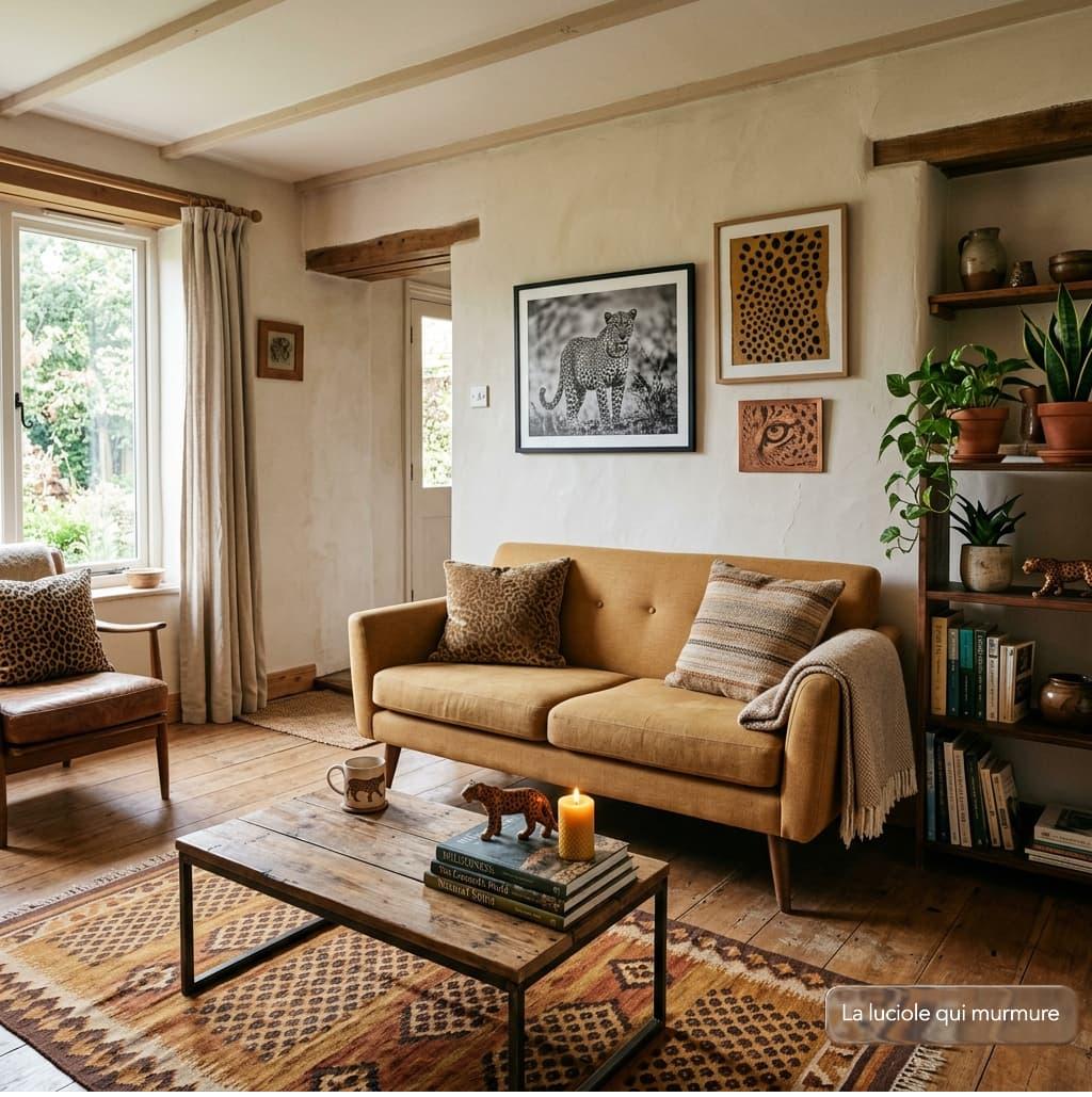 Salon chaleureux decore dans une palette terre et ambre avec touches leopard et motifs felins creant une atmosphere de force tranquille et d elegance sauvage
