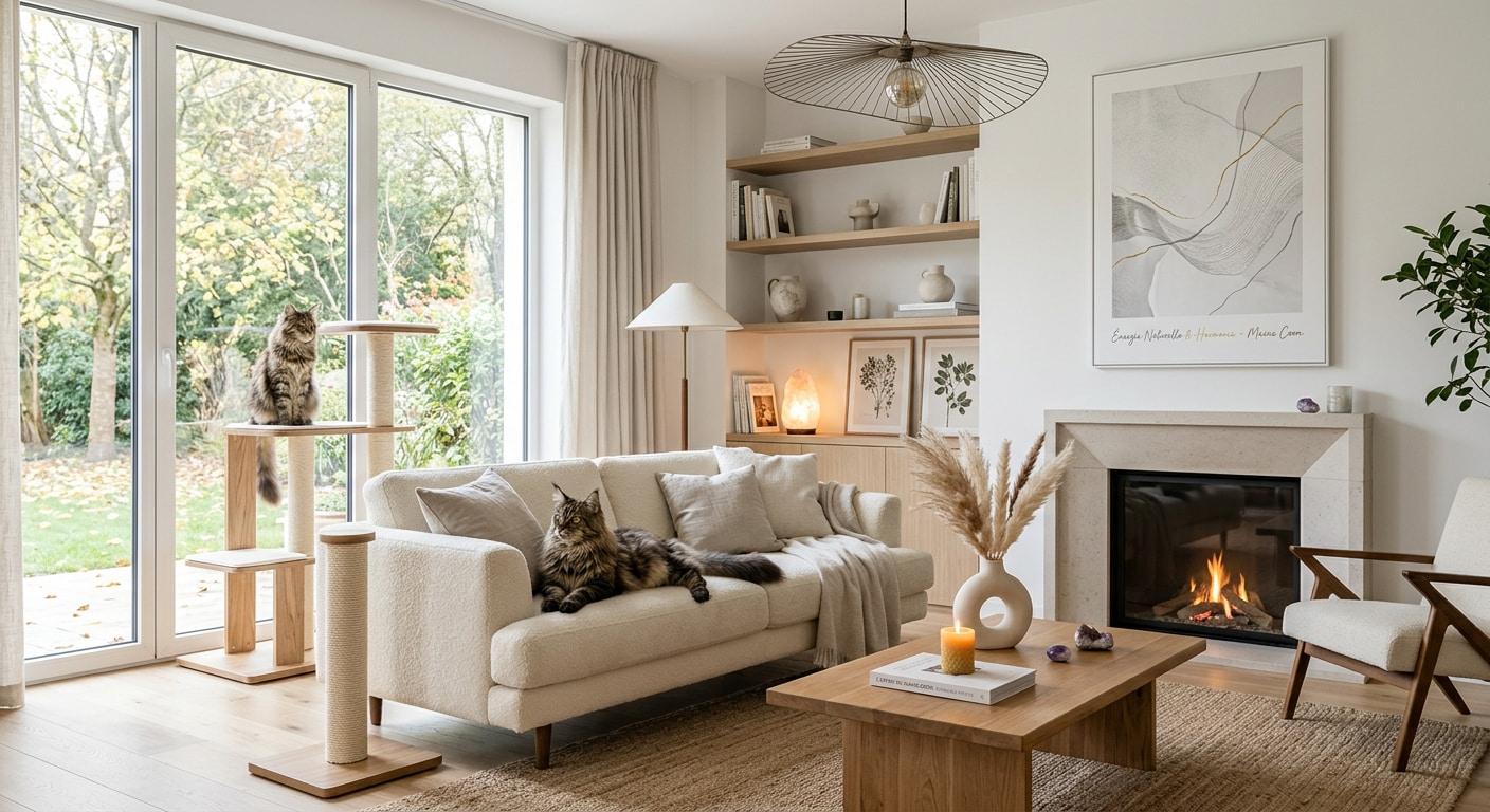 Salon epure et lumineux dedie au bien etre du maine coon avec mobilier en bois clair canape beige arbre a chat design et touches minerales apaisantes