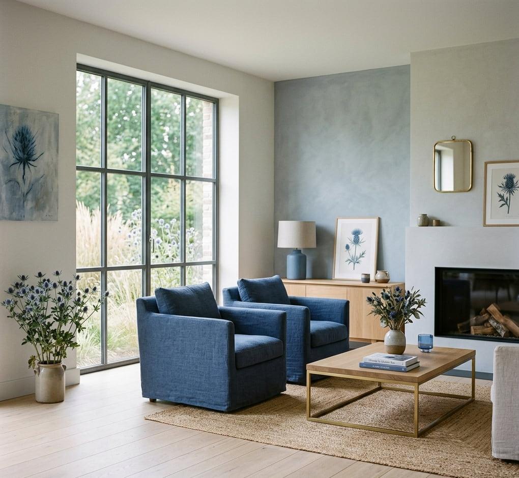 Salon moderne bleu gris decore de chardons bleus affiches botaniques et fauteuils bleus ambiance apaisante et elegante