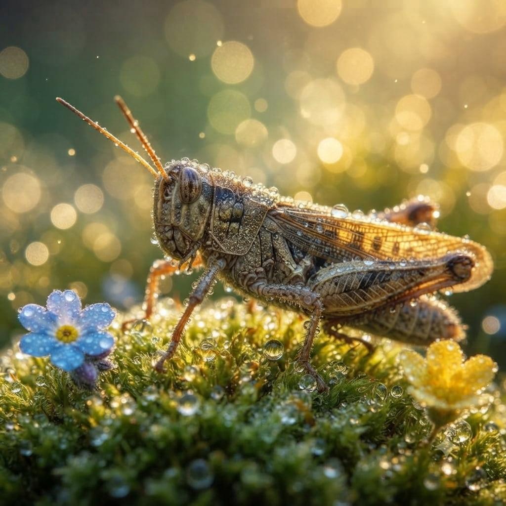 Sauterelle au milieu de la rosee matinale symbole de l energie vivante et de la nature