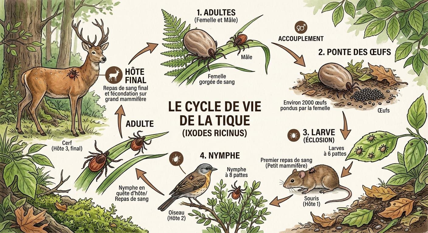 Schema illustrant le cycle de vie de la tique ixodes ricinus de l uf a l adulte