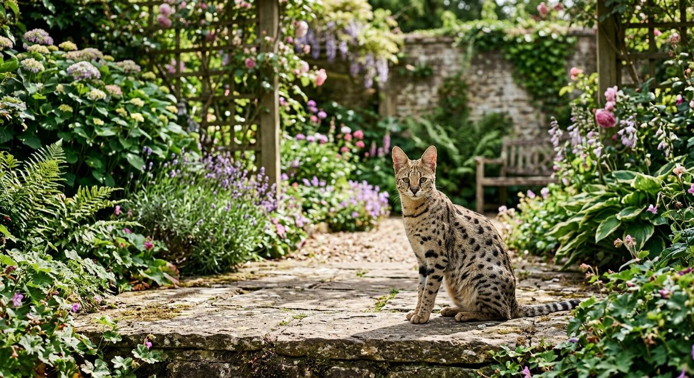 Serval sauvage dans un jardin fleuri symbole d instinct pur de vigilance noble et de puissance naturelle