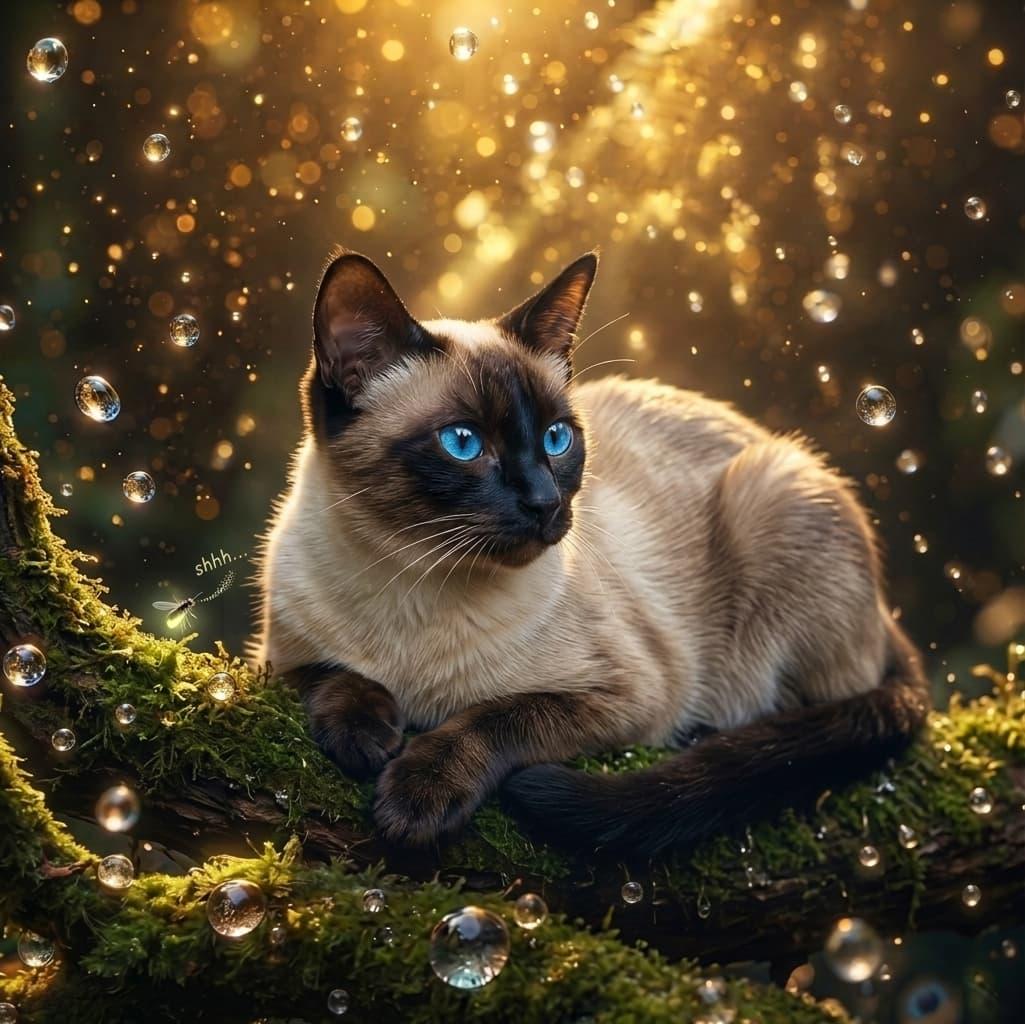 Siamois aux yeux bleus pose sur une branche dans une lumiere doree symbolisant la sensibilite la clarte interieure et l energie intuitive