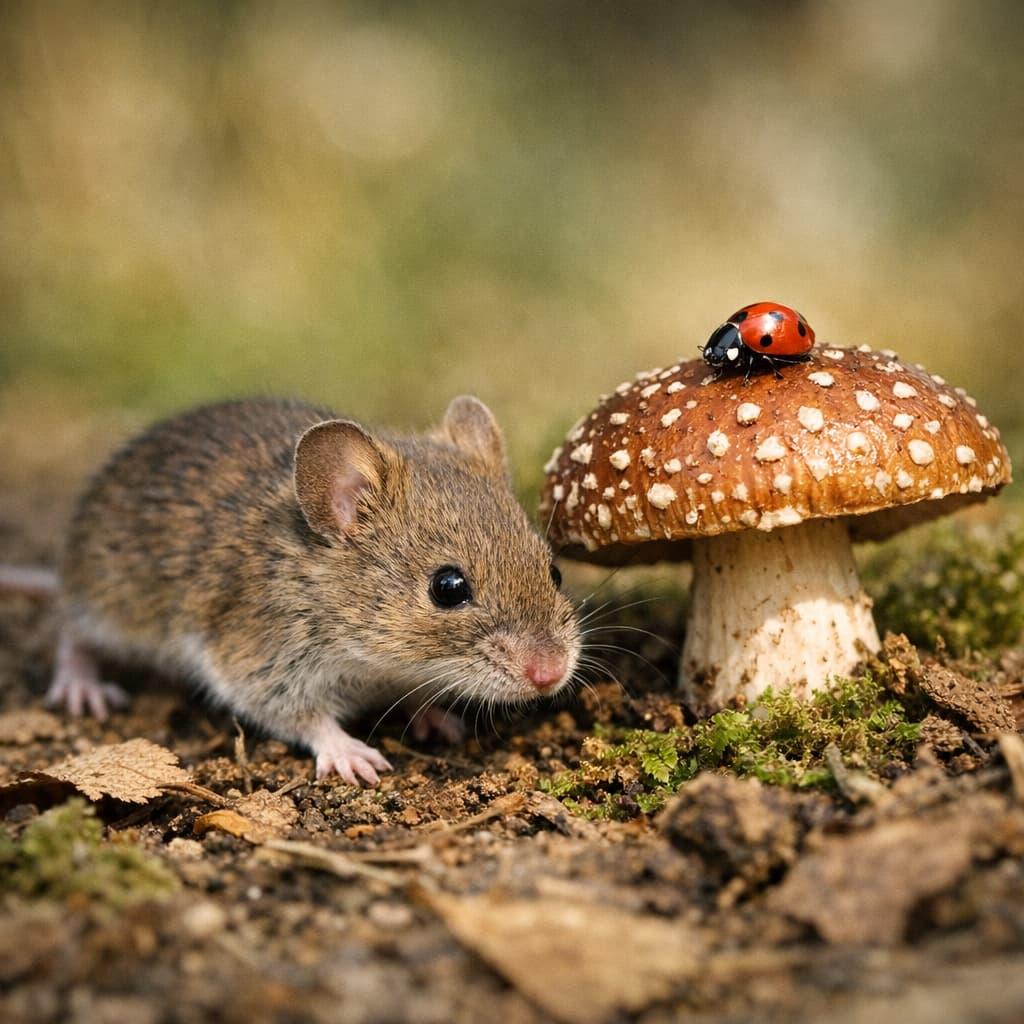 Souris grise s approchant d un champignon avec une coccinelle signe de chance d opportunite et de perception des details