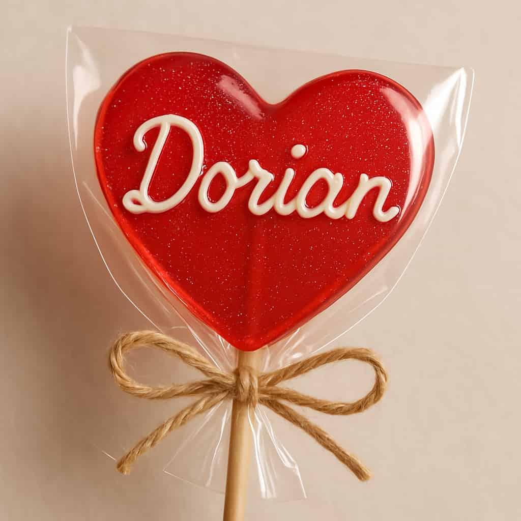 Sucette personnalisee en forme de coeur avec le prenom dorian ecrit dessus