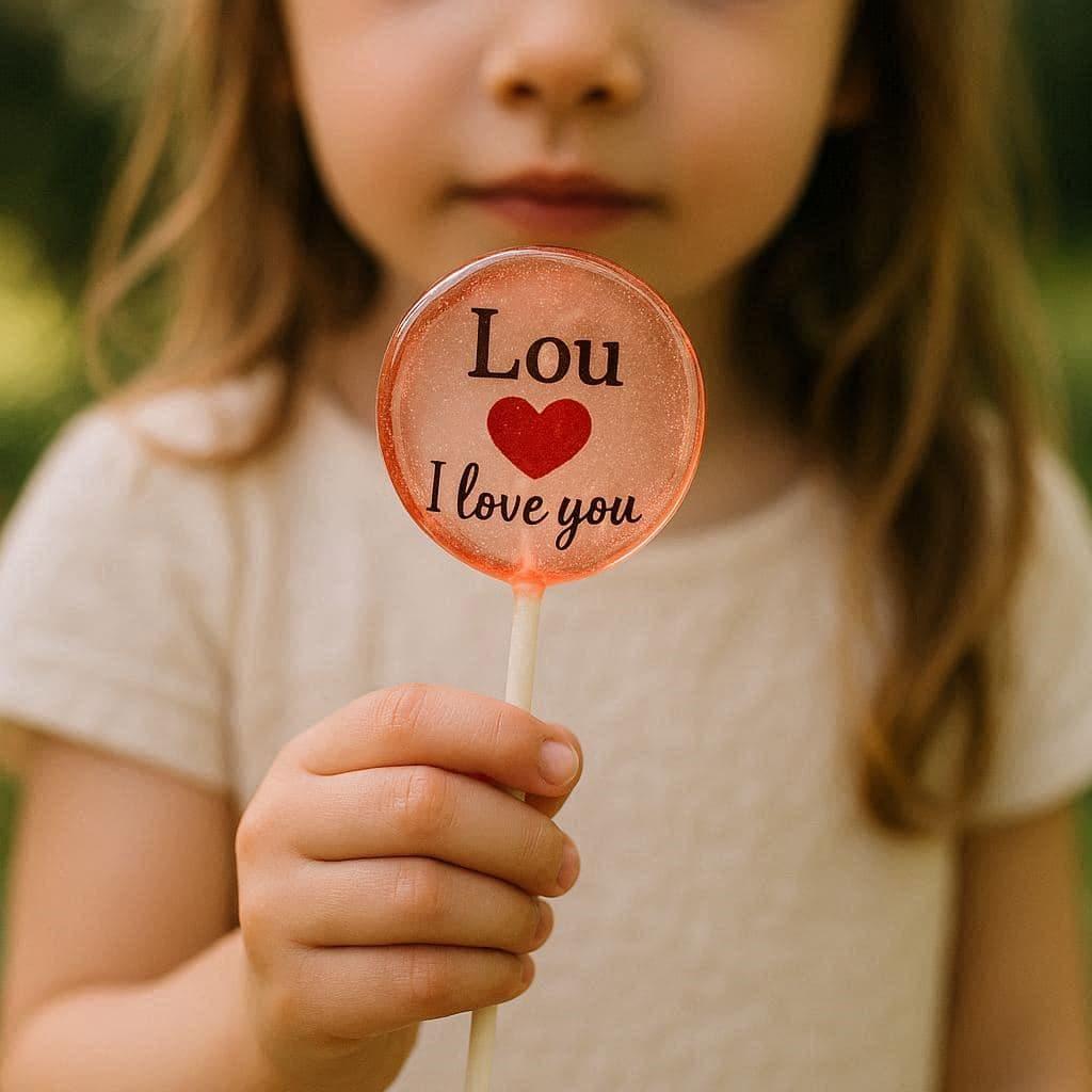 Sucette personnalisee prenom lou theme amour presente dans les mains d une fille cadeau bapteme