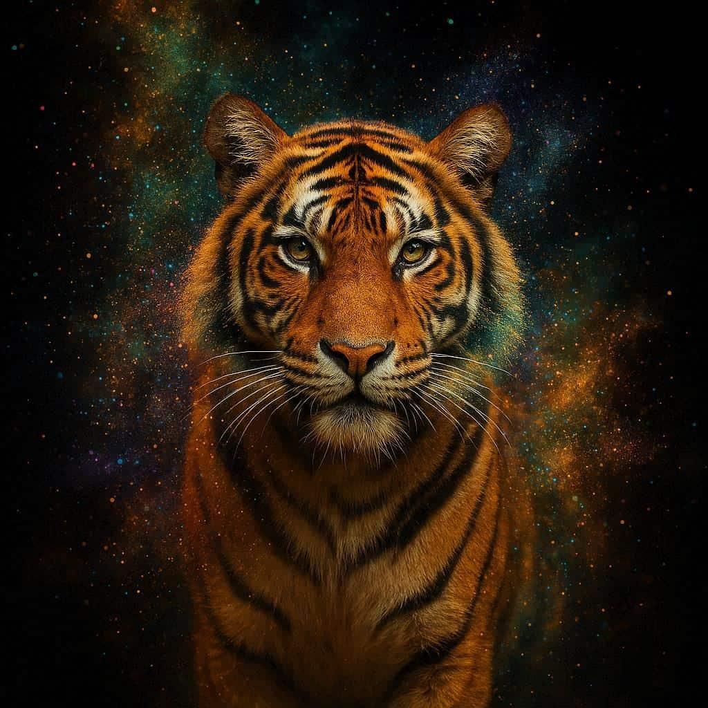 Représentation artistique d'un tigre de face émergeant d'une galaxie d'étoiles, symbole de puissance spirituelle et cosmique
