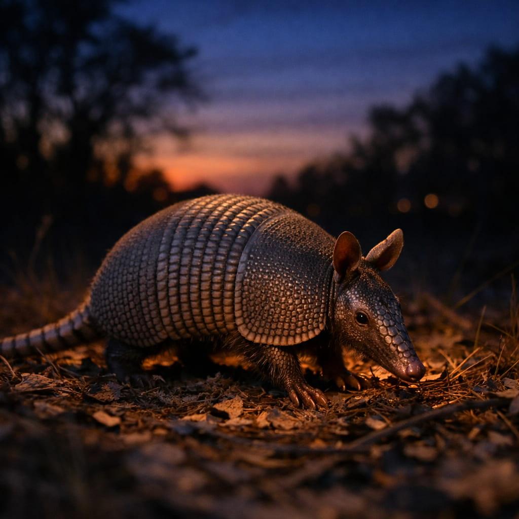 Tatou a neuf bandes eclaire par la lumiere du crepuscule carapace mise en valeur dans son habitat naturel