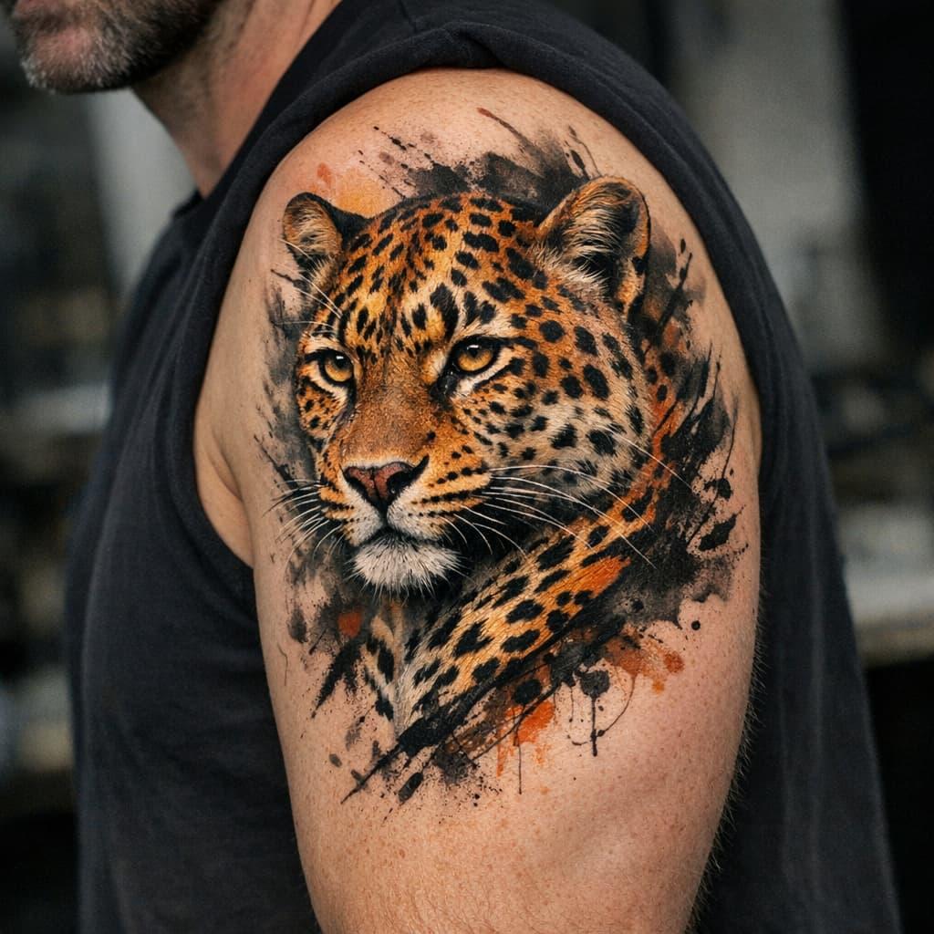 Tatouage realiste de leopard sur le bras details du pelage tachete et regard intense symbole de puissance silencieuse et de force interieure