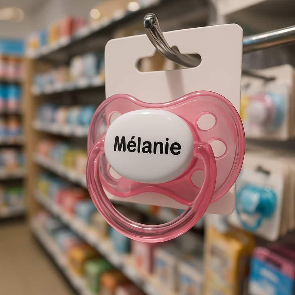 Tetine personnalisee pour bebe avec le prenom melanie rose et blanche